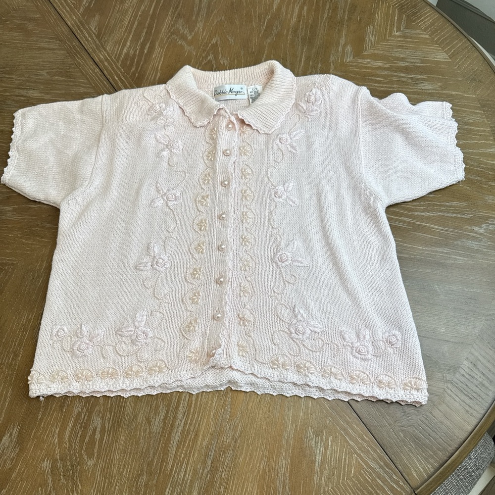 Vintage Debbie Morgan Light Pink beaded embroidered short sleeve sweater